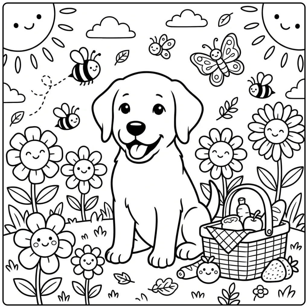 A smiling puppy sits by a picnic basket in this Chocolate Lab Coloring Page.