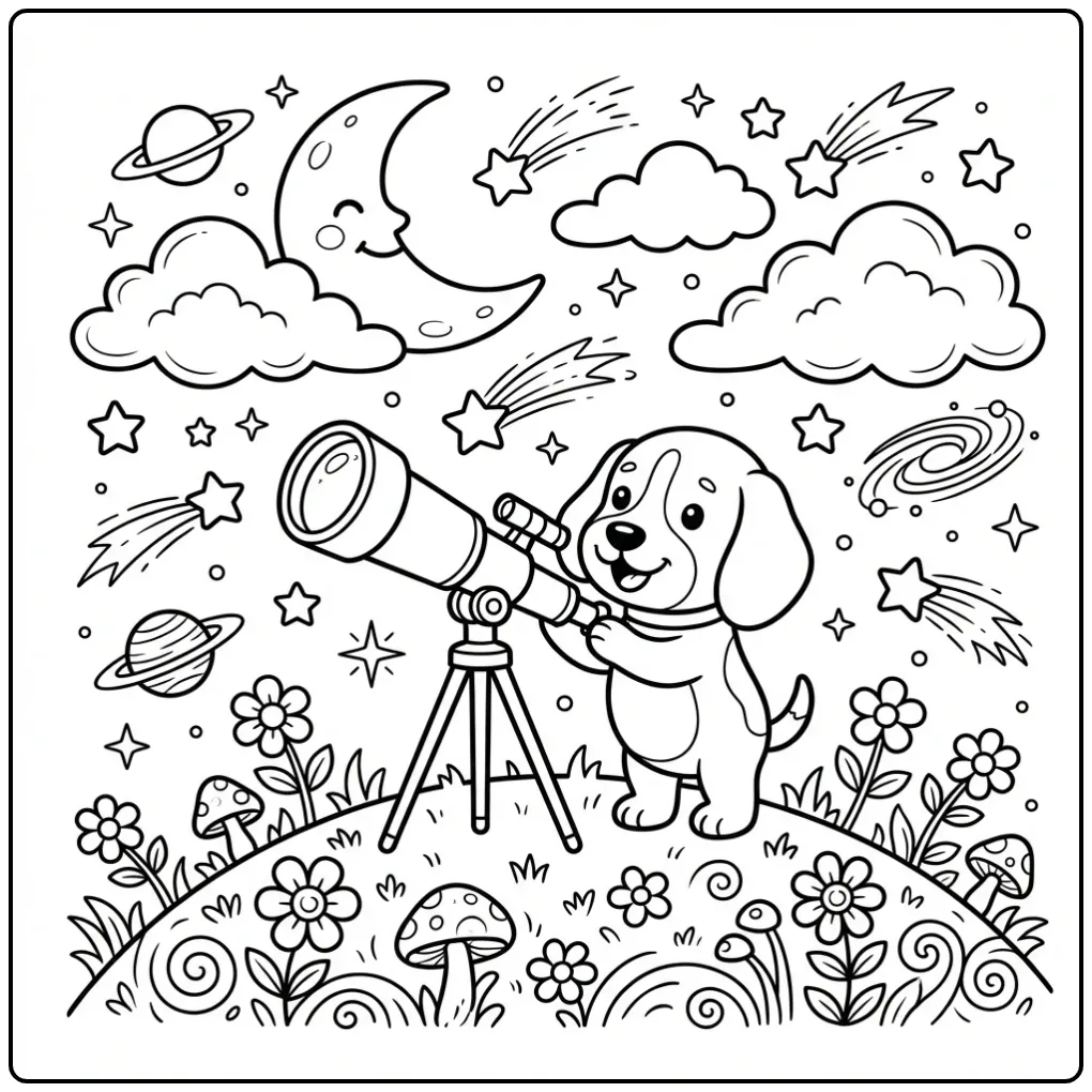 A cute cartoon Beagle Coloring Page with a telescope at night.