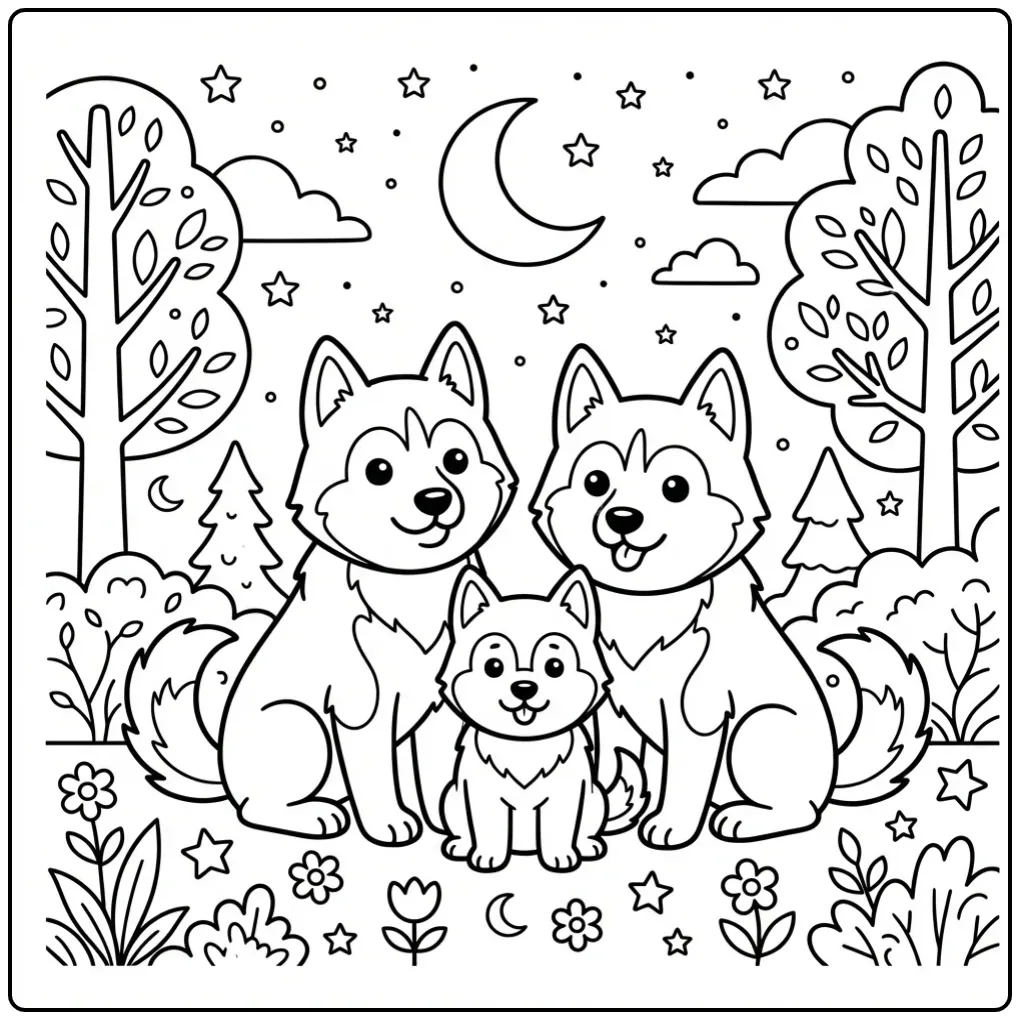 A cartoon family of three huskies under a starry night sky Husky Coloring Page.