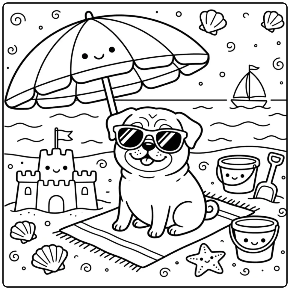 A cool pug in sunglasses on a sunny beach Pug Coloring Page.