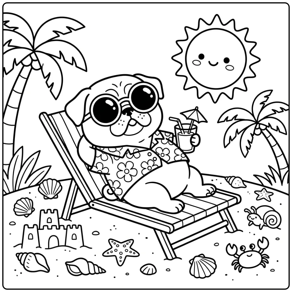 A cool dog on a beach chair, a Funny Pug Coloring Page.