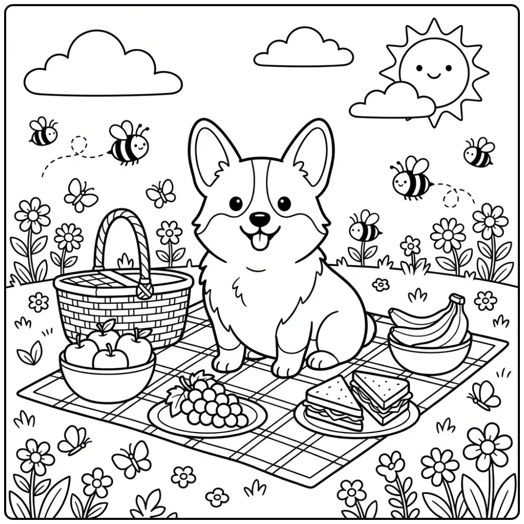 A printable Corgi Coloring Page featuring a sunny picnic scene.