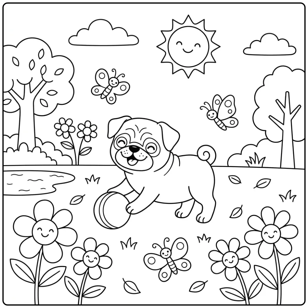 A cheerful dog playing in a park, a Pug Coloring Page For Kids.