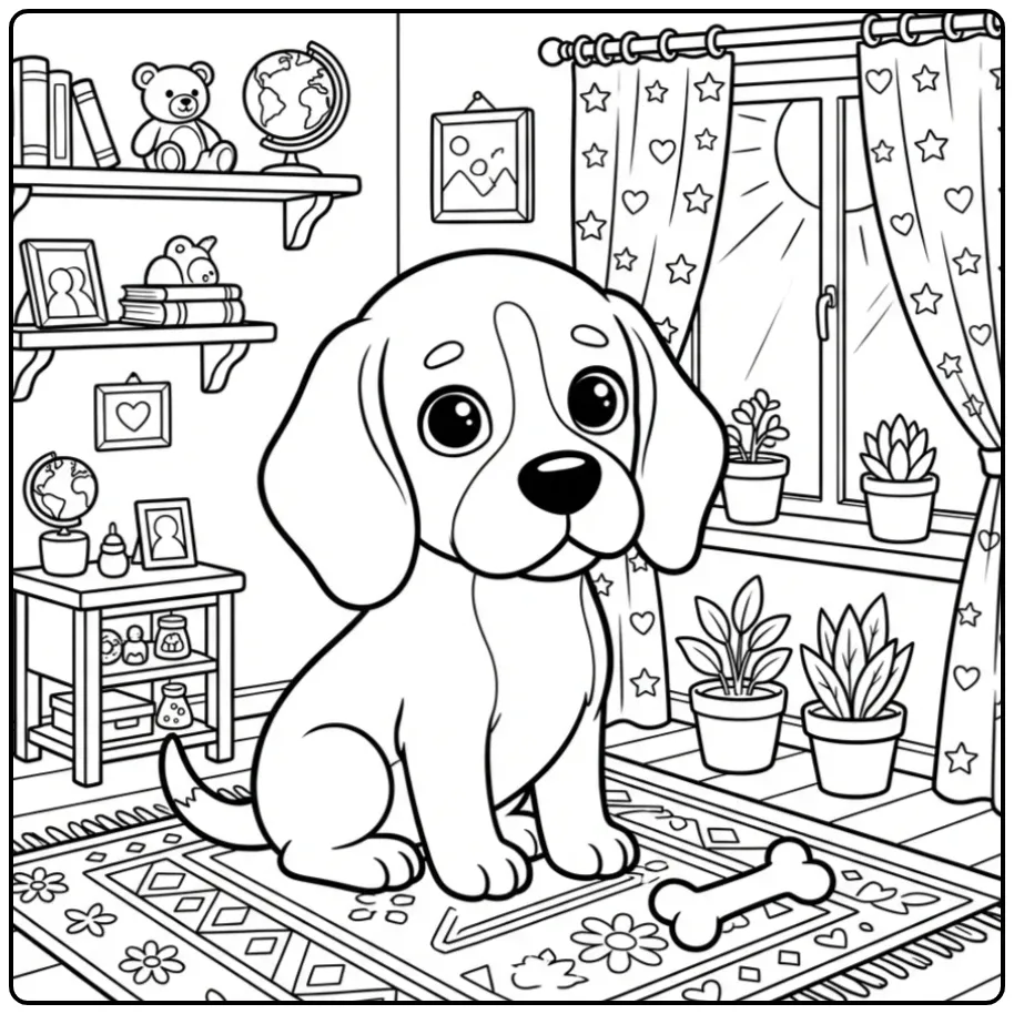 A cute Detailed Beagle Coloring Page with a toy in a sunny room.
