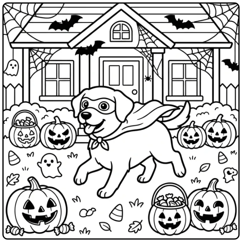 A cute superhero dog on a fun Halloween Labrador Coloring Page.