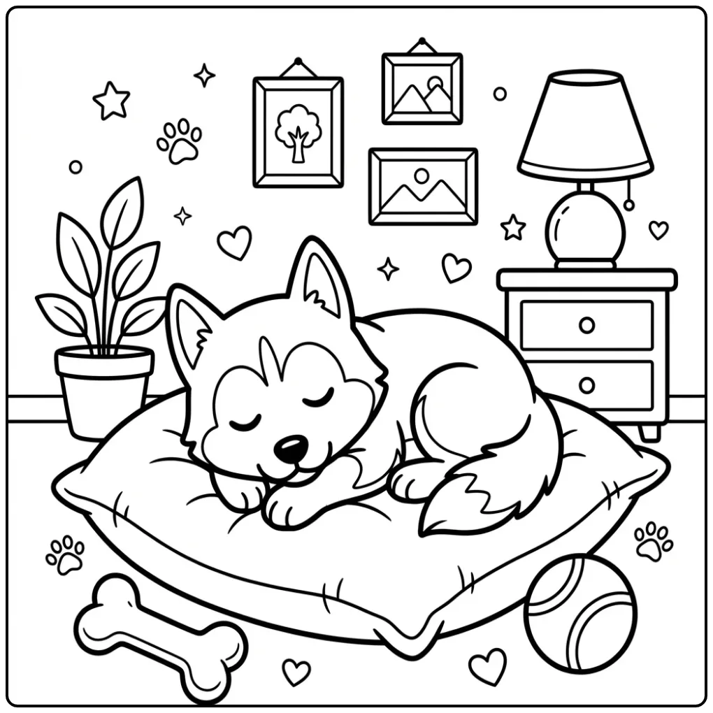 A cute Husky Coloring Page of a cartoon dog napping on a pillow.