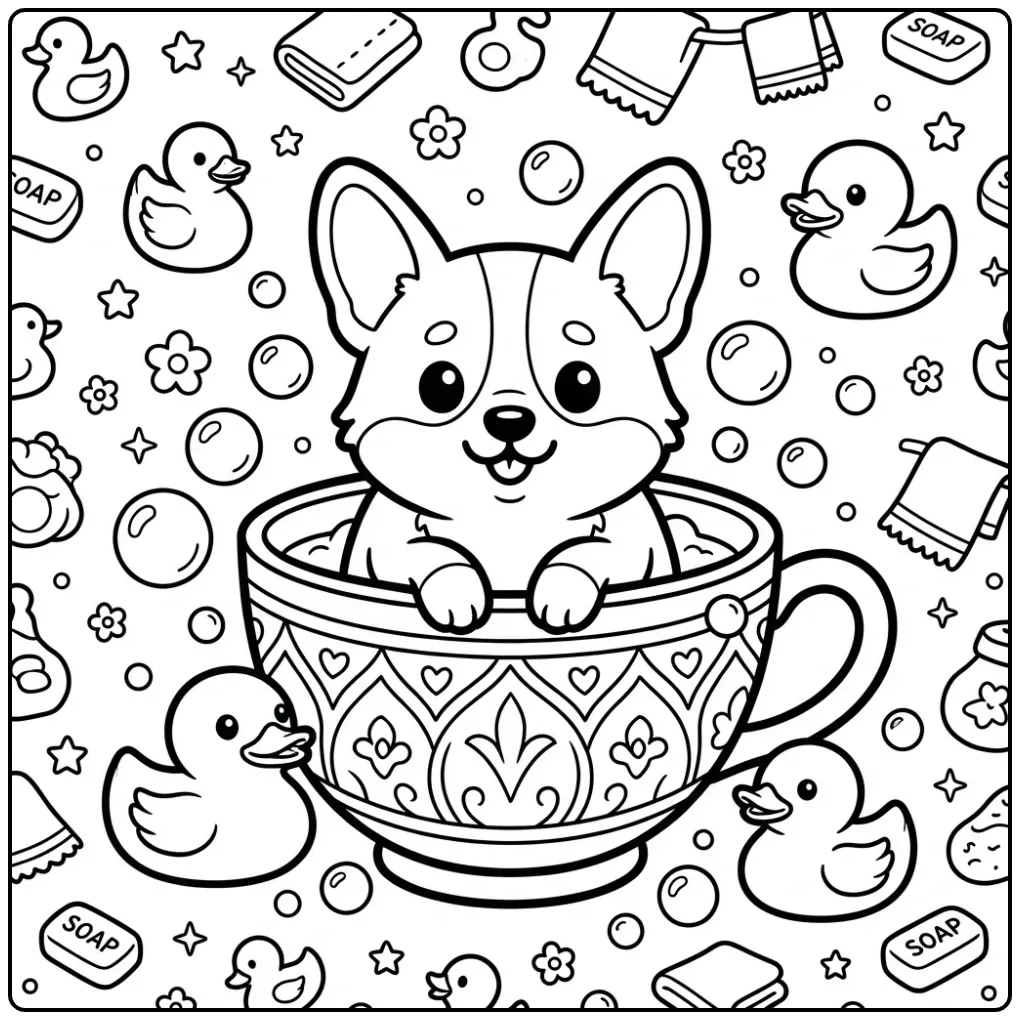 An adorable Corgi Coloring Page showing a puppy in a teacup.