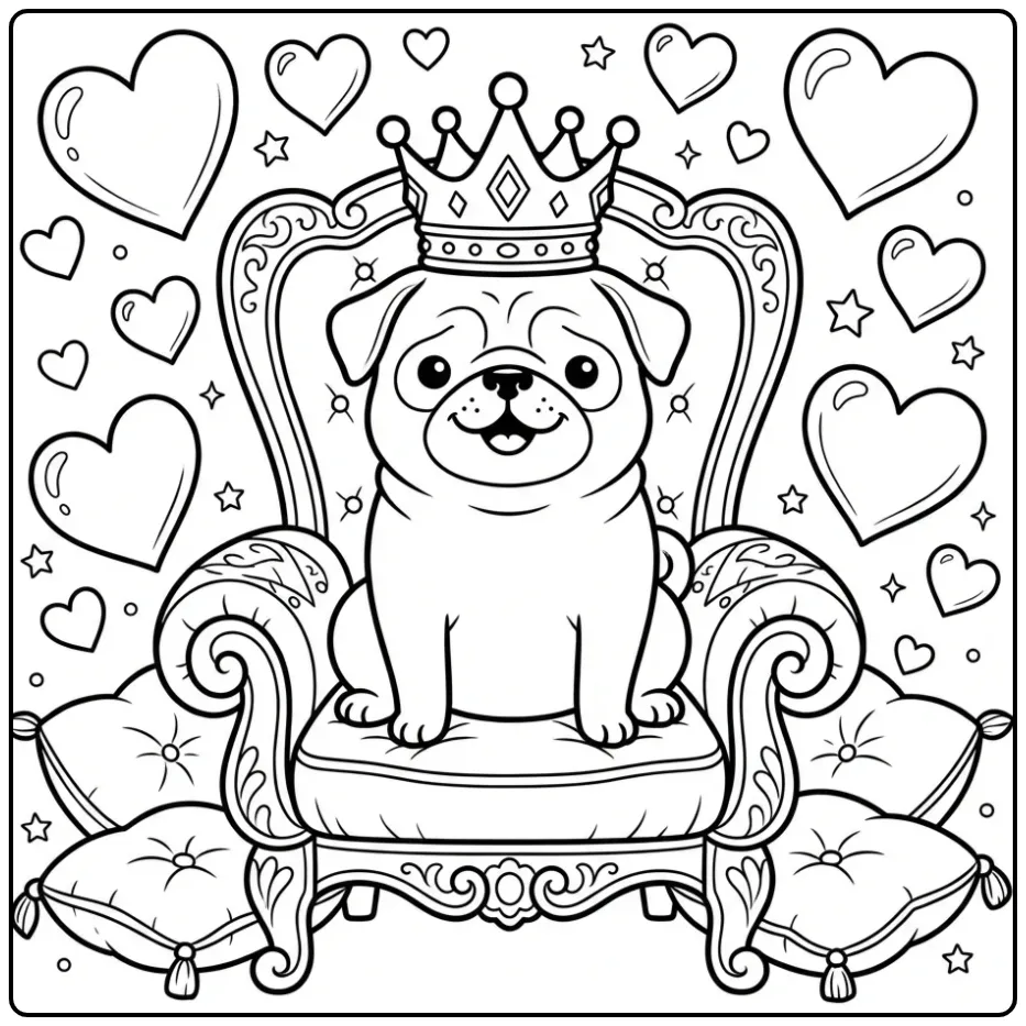 A royal dog on a cushioned throne Pug Coloring Page for kids.