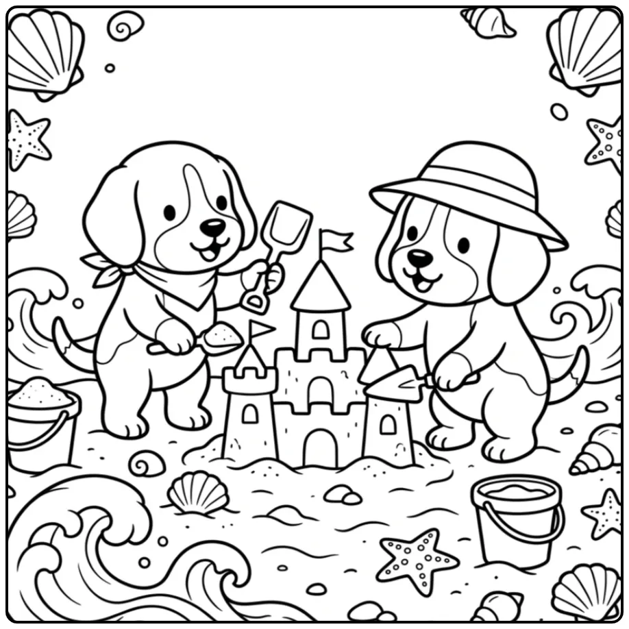 A cute Beagle Coloring Page of two dogs building a sandcastle.