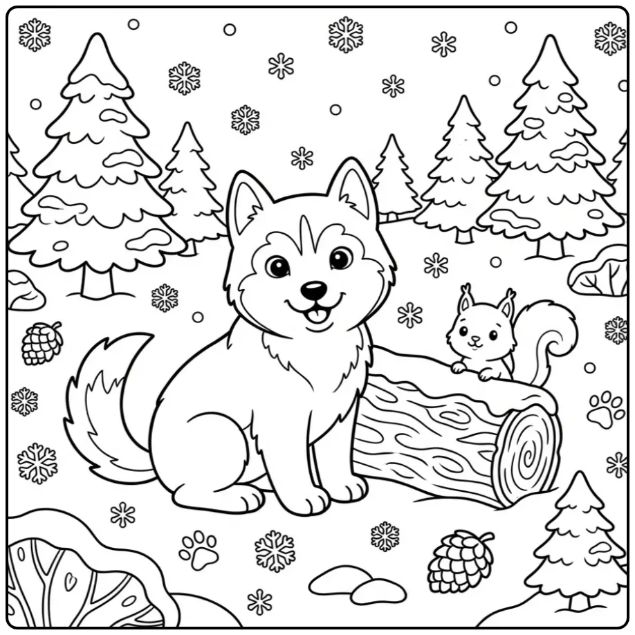 A cute cartoon Siberian Husky Coloring Page with a squirrel friend.