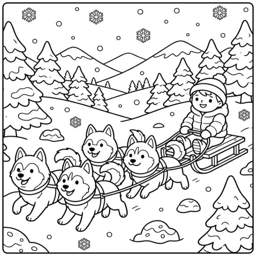 A smiling child and happy pups on a Husky Dog Sled Coloring Page.