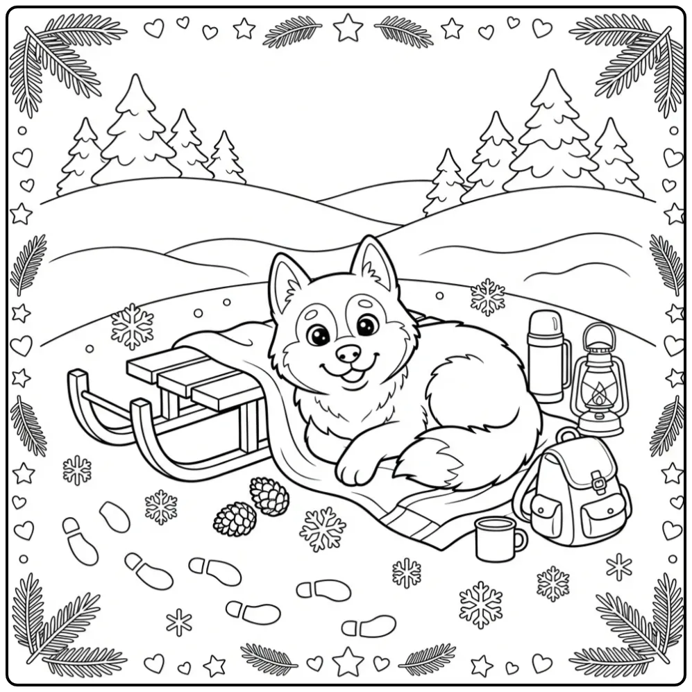 A cute cartoon Husky Dog Sled Coloring Page with a pup resting.