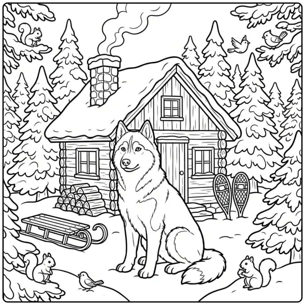 A serene dog by a snowy log cabin Realistic Husky Coloring Page.