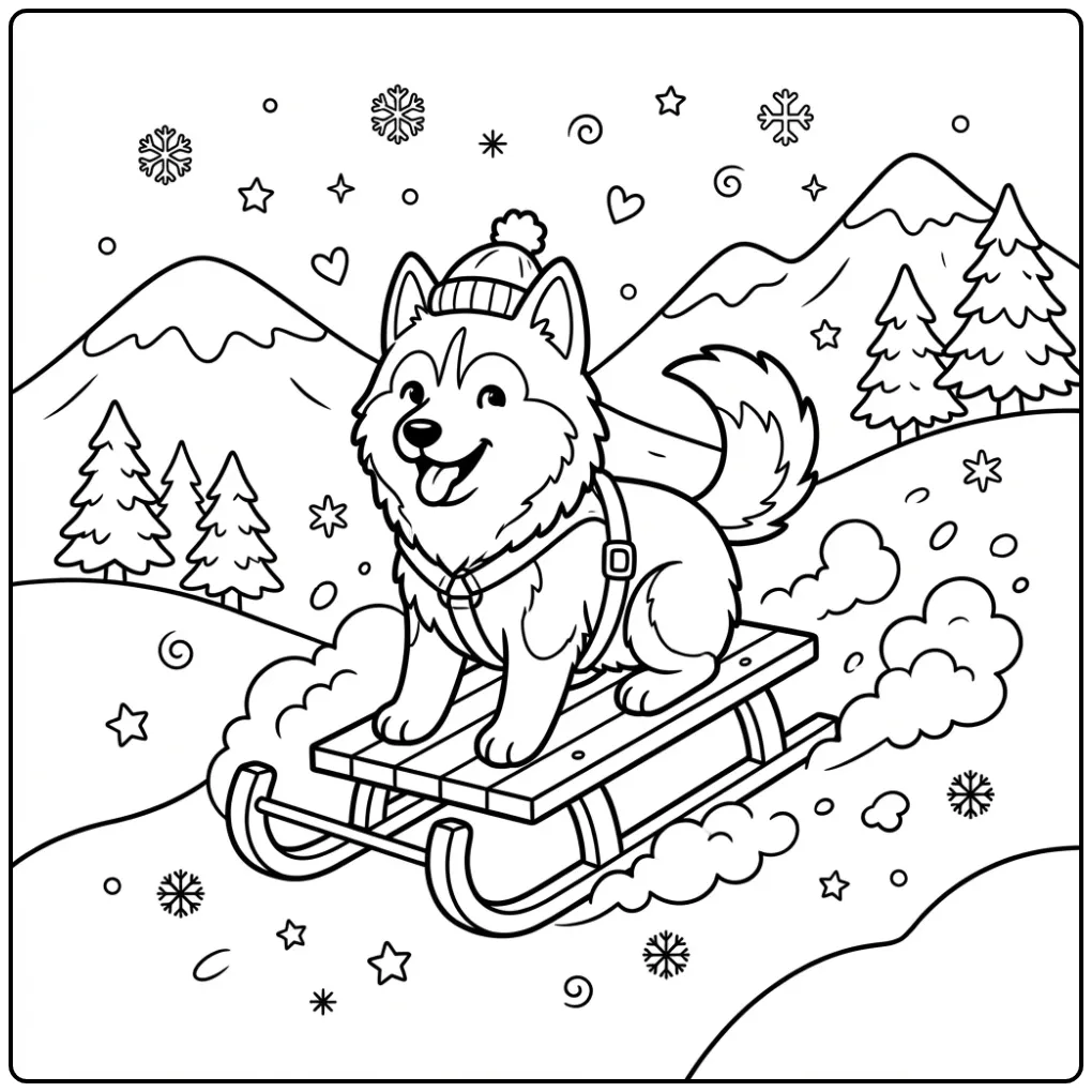 A cute cartoon dog sledding on a Siberian Husky Coloring Page.