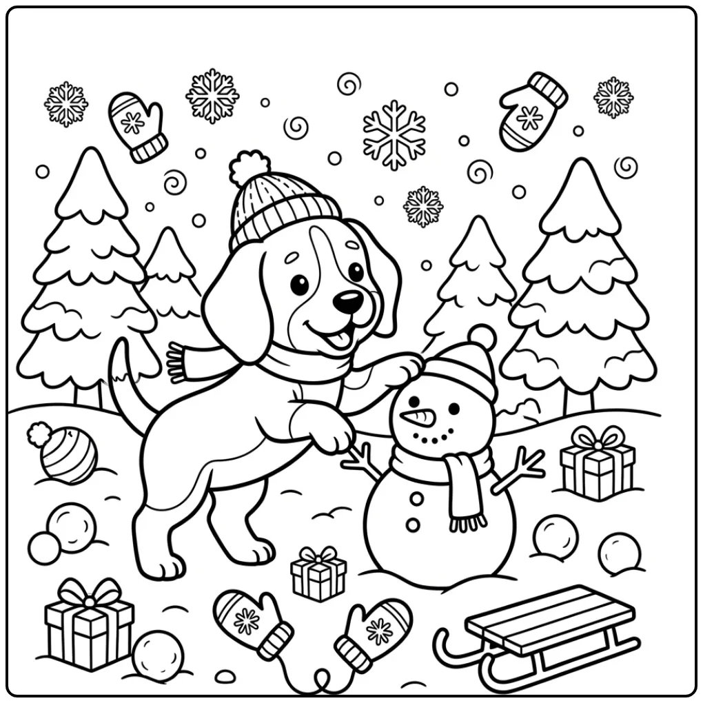 A cute Beagle Coloring Page with a snowman in a snowy scene.