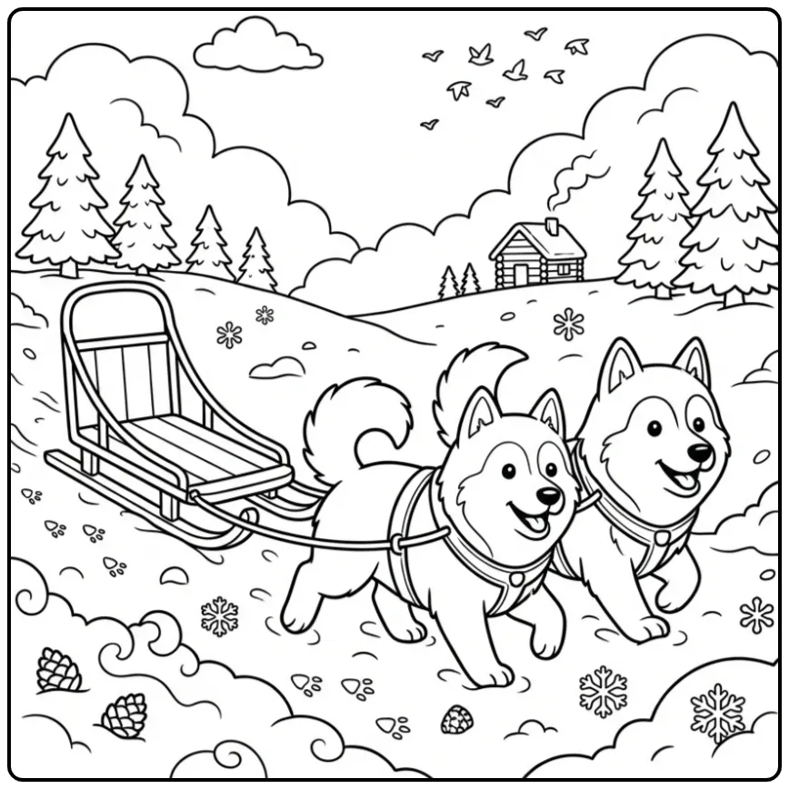 A cute cartoon Husky Dog Sled Coloring Page with two dogs.
