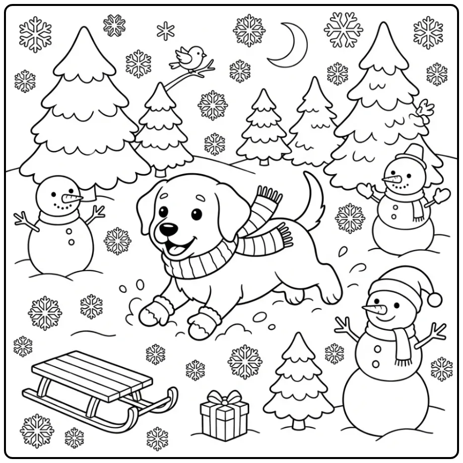 A cute Labrador Retriever Coloring Page of a puppy in the snow.