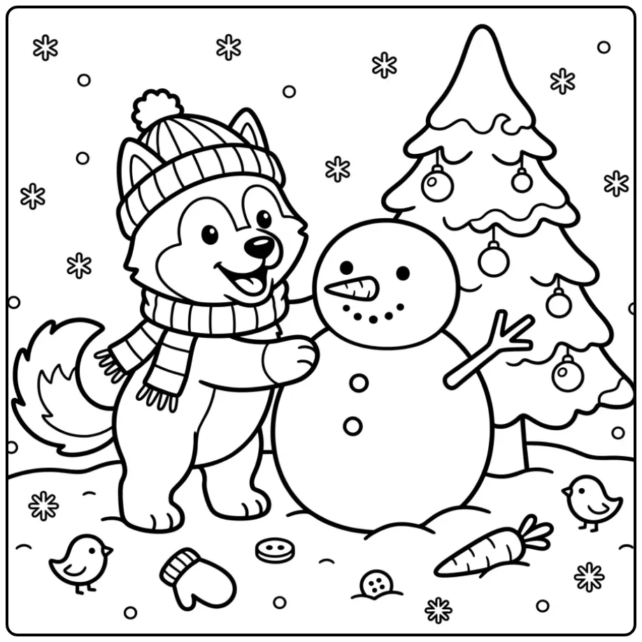 A cute dog wearing a hat and scarf: a Husky Coloring Page.