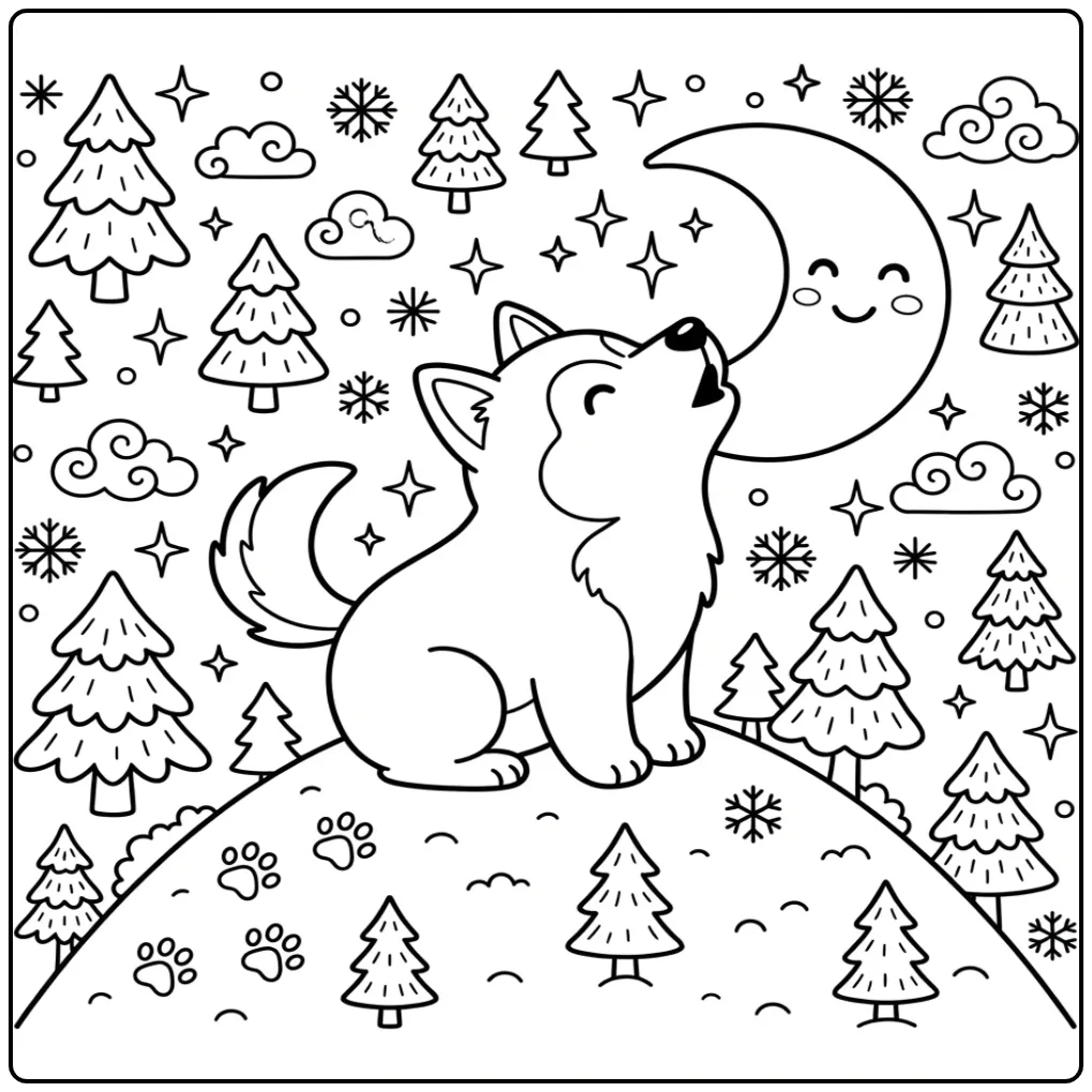 A cute cartoon Husky Coloring Page with a dog howling at the moon.