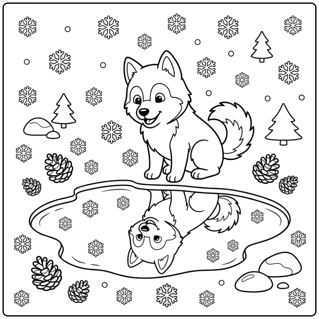 A cute cartoon Husky Coloring Page with a frozen lake.