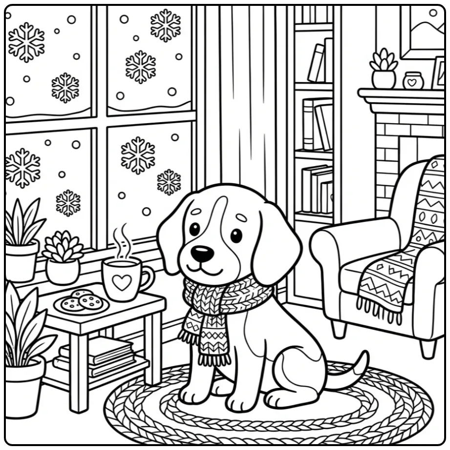 A cozy Cute Beagle Coloring Page with a dog watching snow.