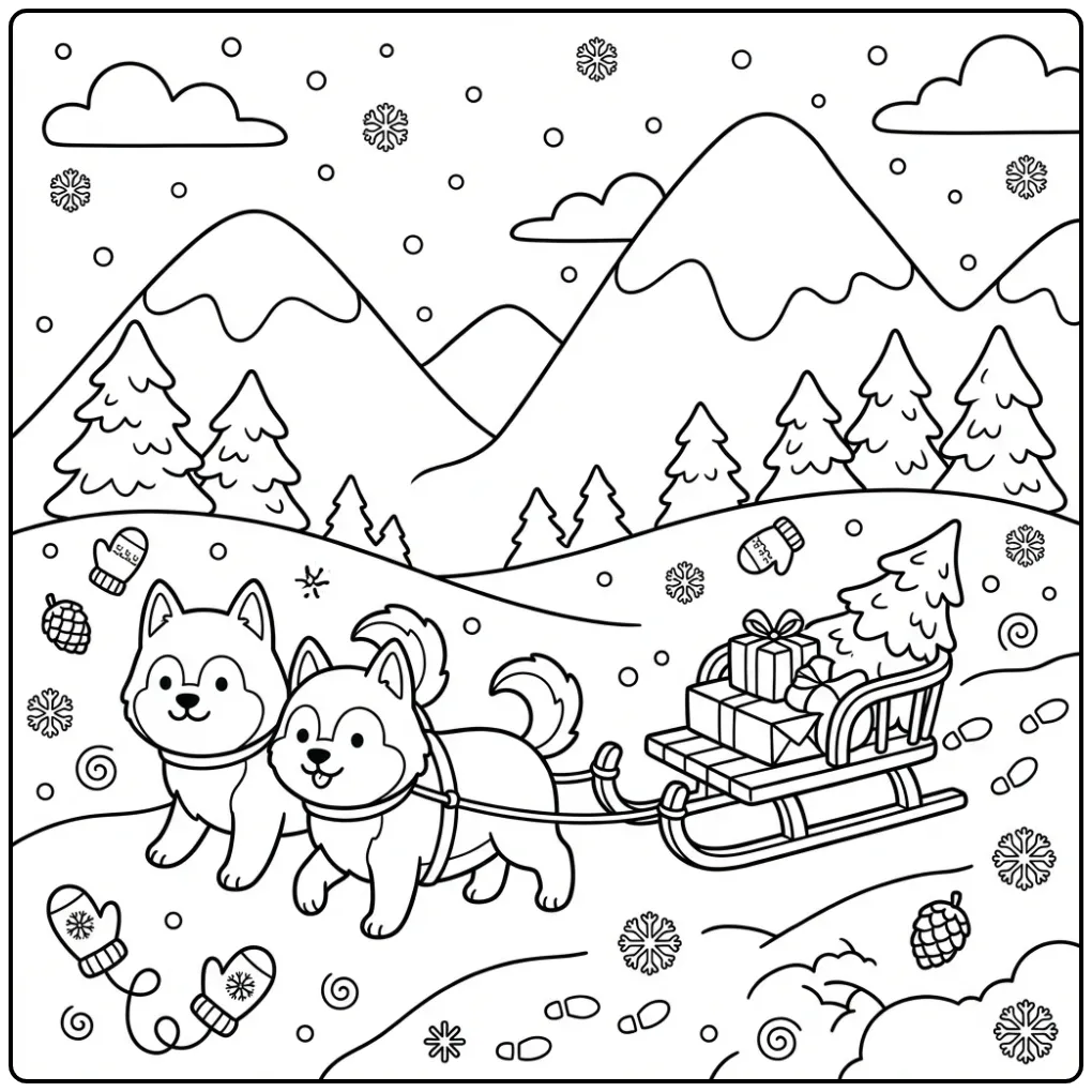 Two cartoon dogs pulling a sled in the snow Husky Coloring Page.