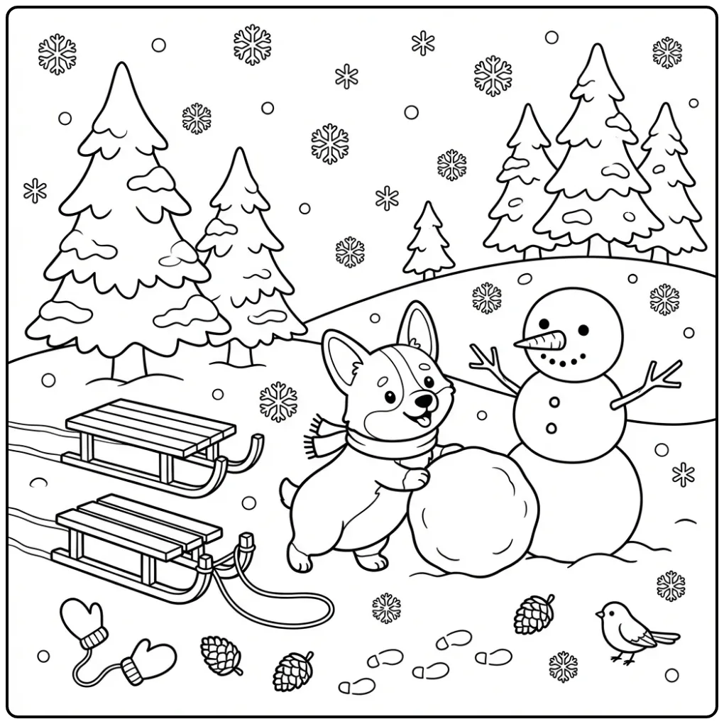 A joyful corgi building a snowman Corgi Coloring Page.
