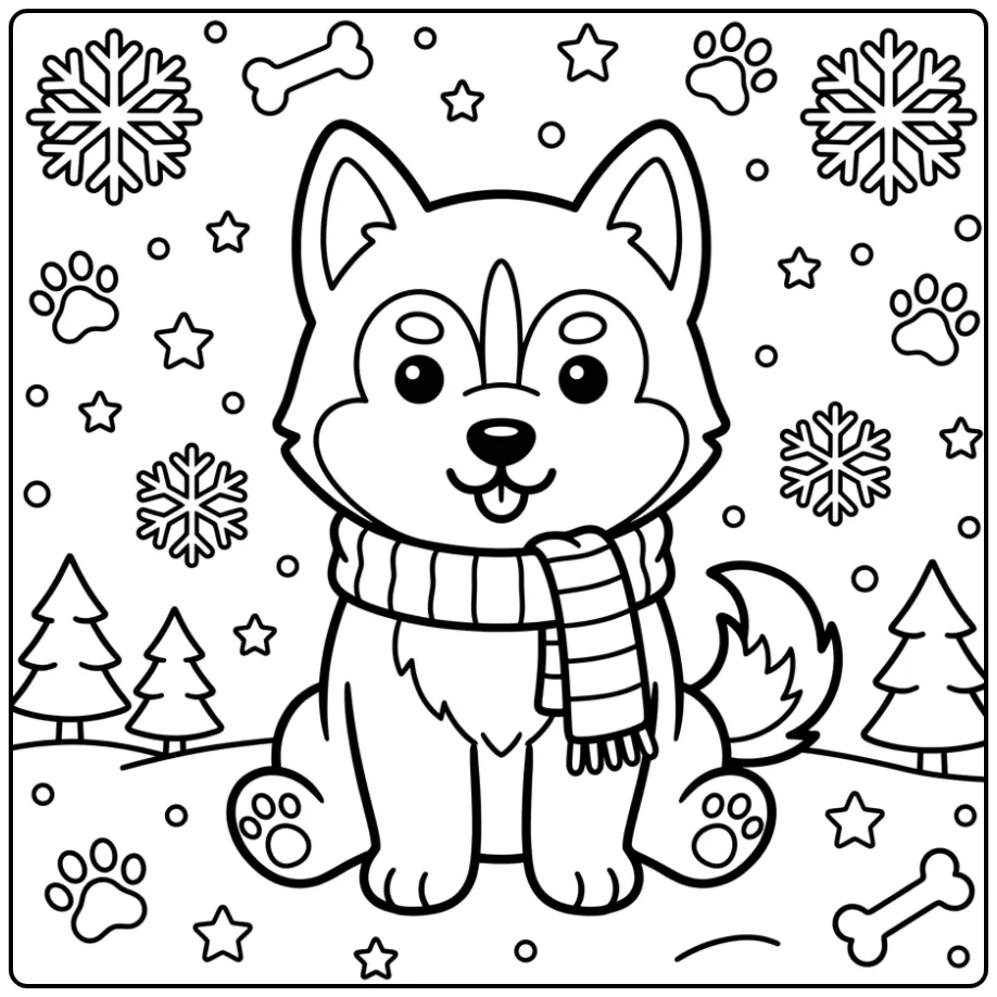 A playful puppy in a warm scarf on a Husky Coloring Page.