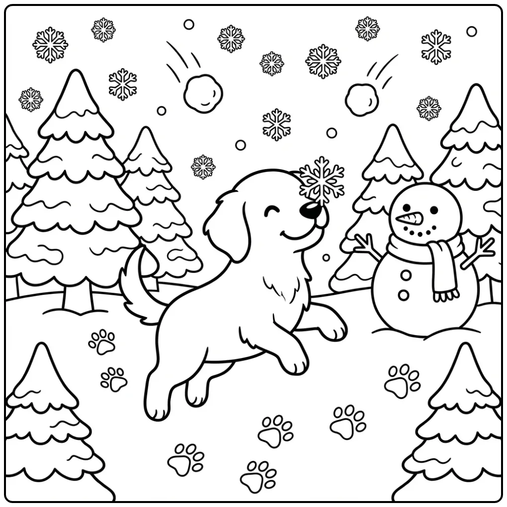 A cute Golden Retriever Coloring Page in winter with a snowman.