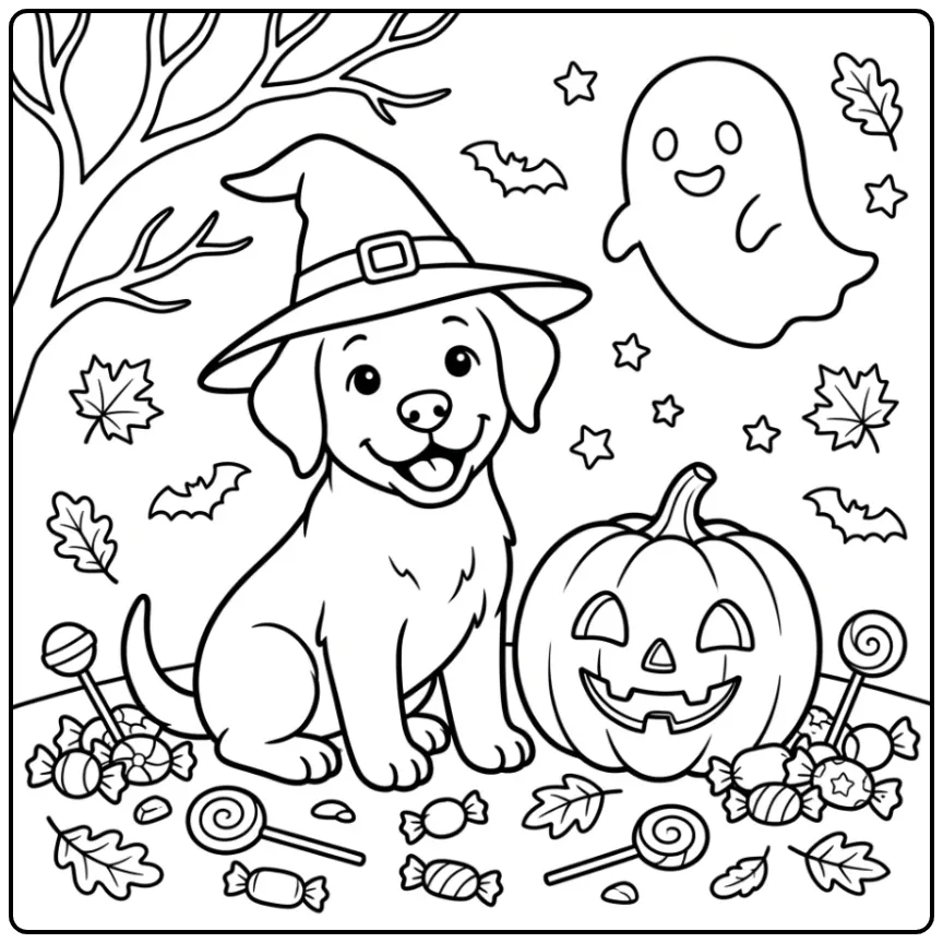 A friendly Halloween Labrador Coloring Page with a pumpkin.