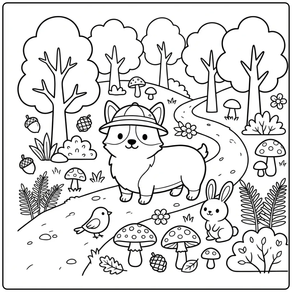 An adventurous Corgi Coloring Page For Kids in a forest.