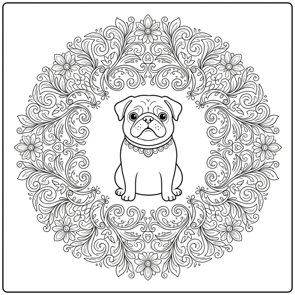 A majestic Pug Coloring Page For Adults with a floral mandala.