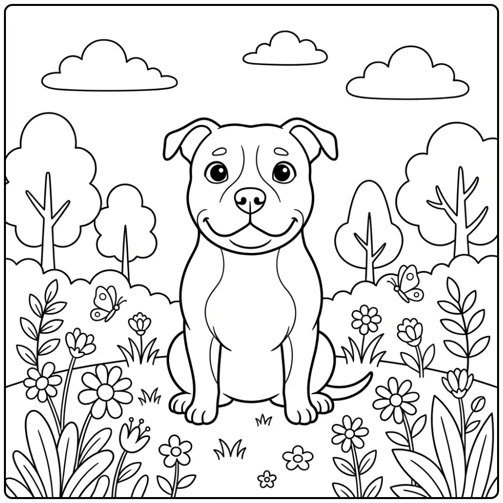 A proud dog sits in a grassy meadow on this Realistic Pitbull Coloring Page.