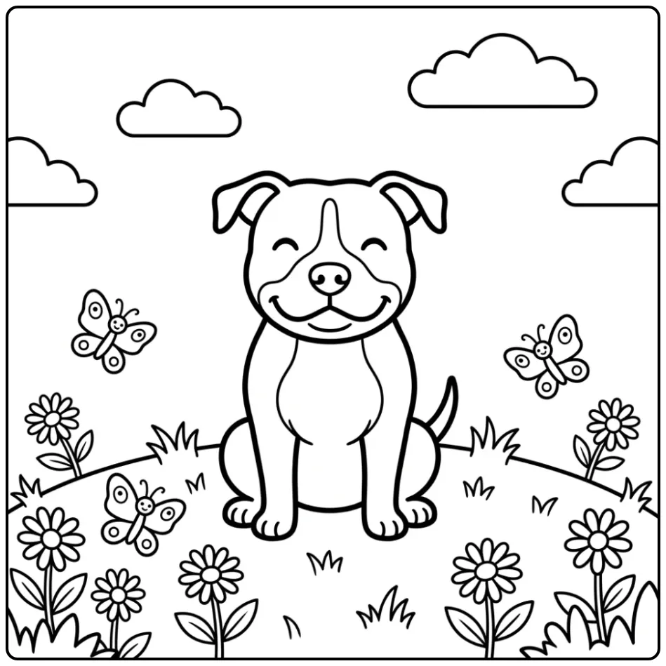 A smiling cartoon Easy Pitbull Coloring Page on a grassy hill.