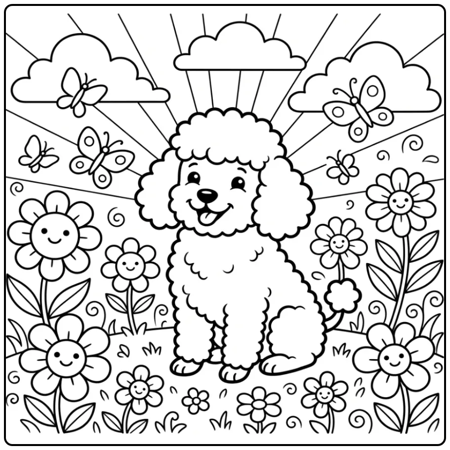 A smiling dog sits in a field of flowers, a Cute Poodle Coloring Page.