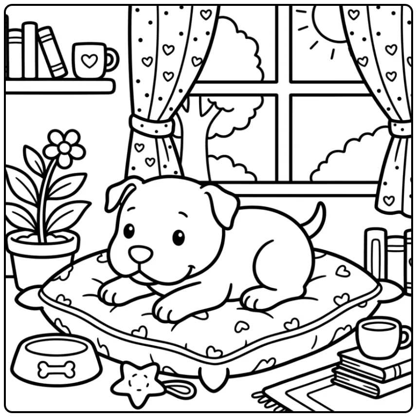A sweet puppy on a fluffy pillow, a Cute Pitbull Coloring Page.