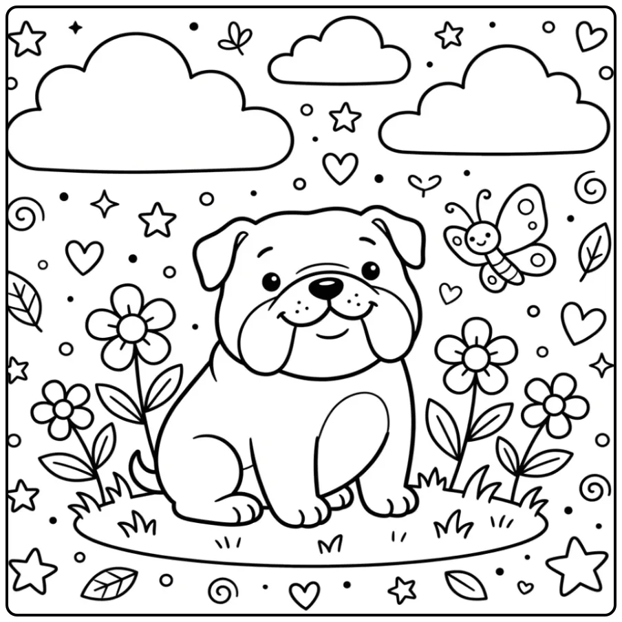 A happy, simple Easy Bulldog Coloring Page with a butterfly.