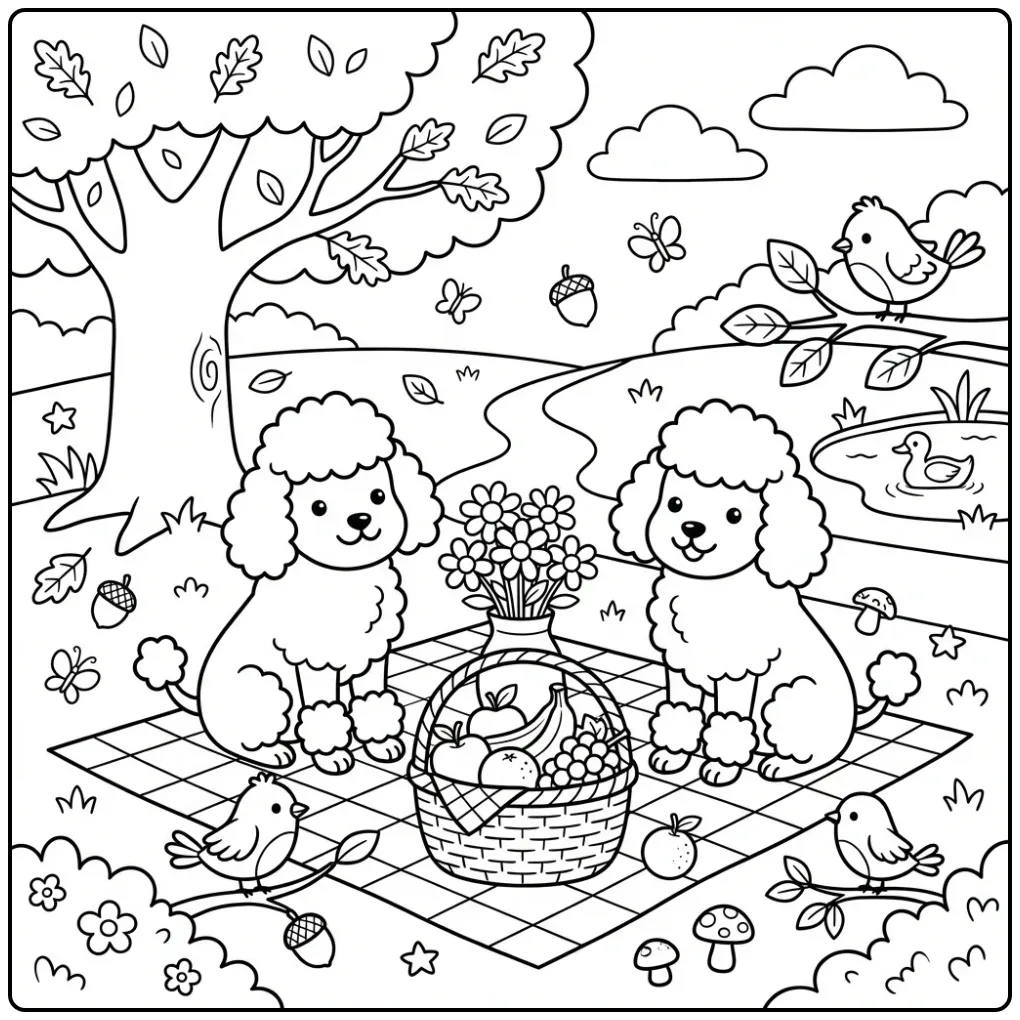 Two cute poodles on a picnic blanket: a Poodle Coloring Page.