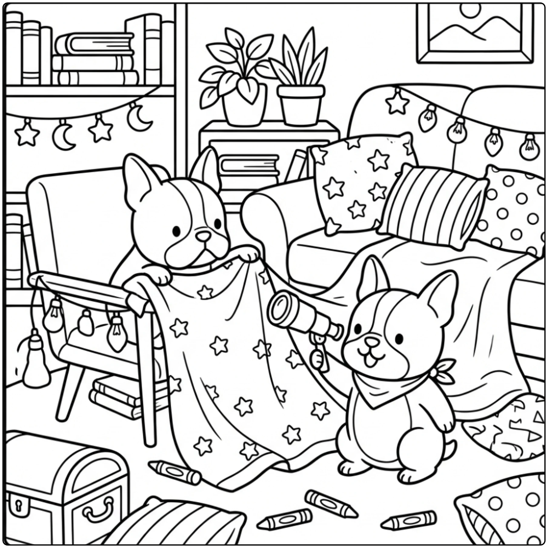 Two pups play in this detailed Boston Terrier coloring page.