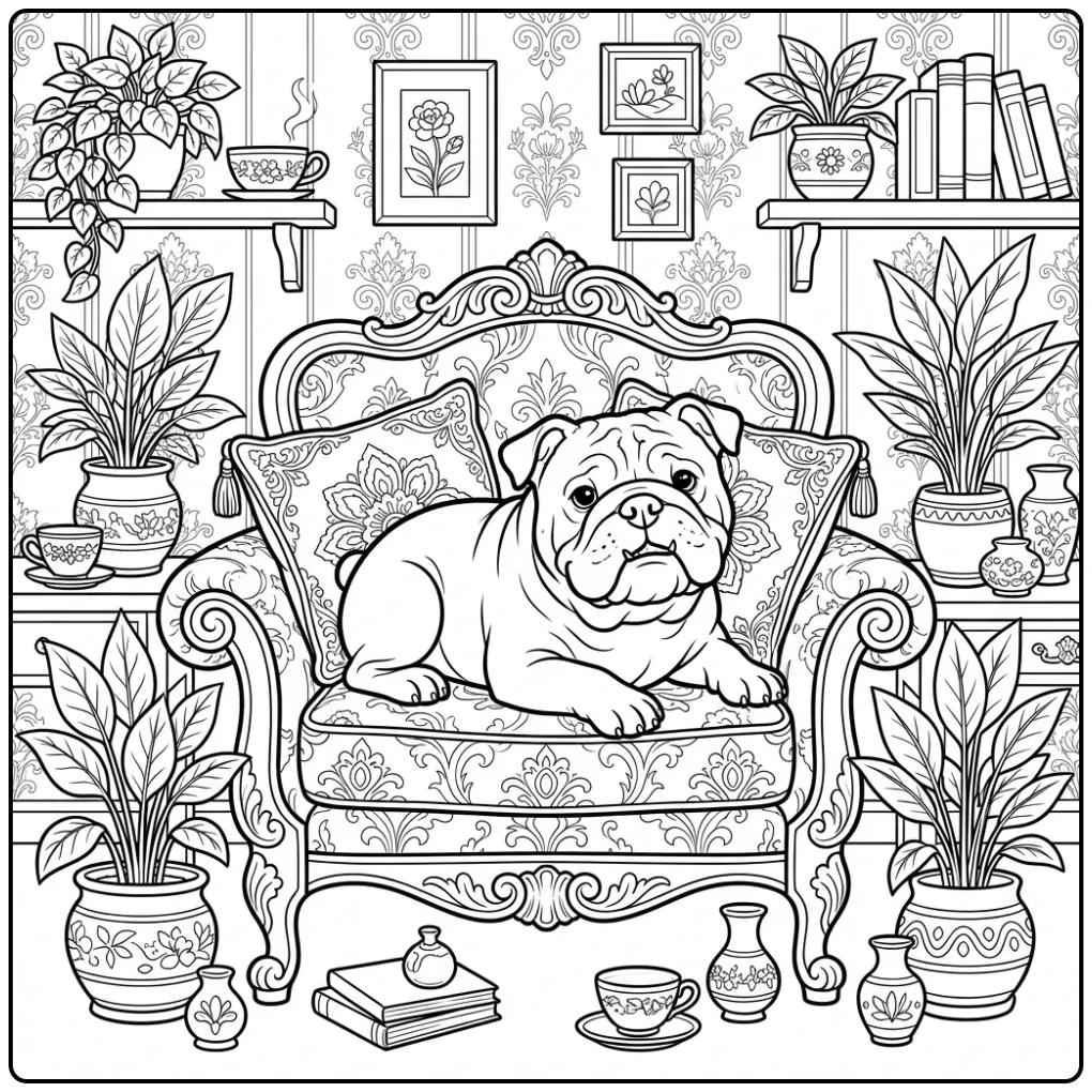 An elegant Bulldog Coloring Page For Adults on a vintage chair.