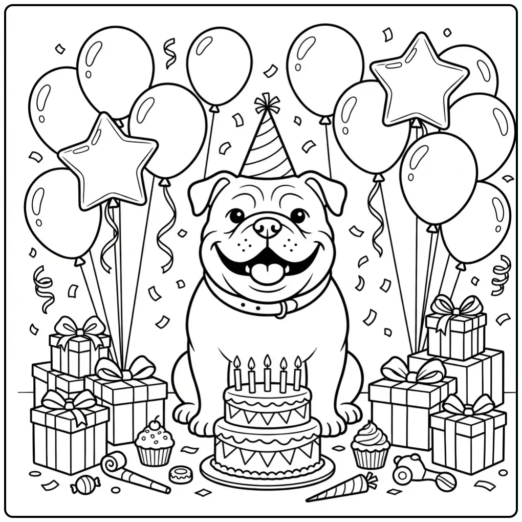A joyful cartoon Bulldog Coloring Page with party balloons.