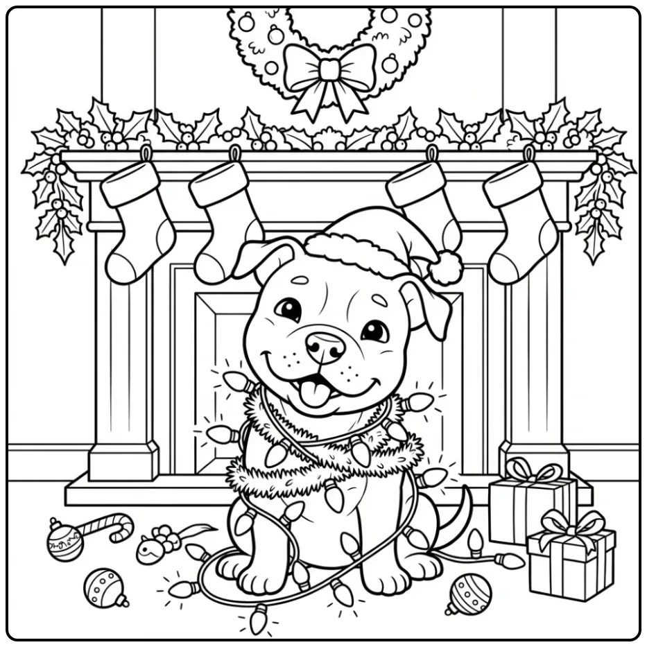 A cheerful puppy tangled in lights Christmas Pitbull Coloring Page.