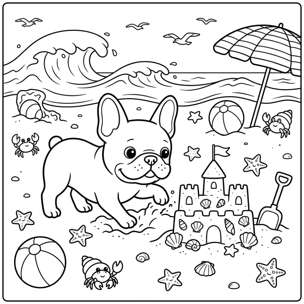 A cute Realistic French Bulldog Coloring Page digging in sand.