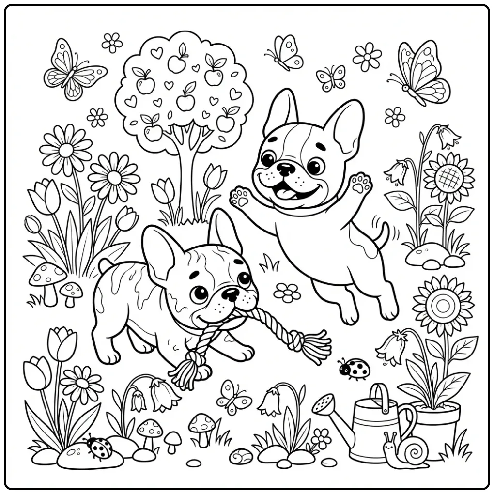Two playful dogs on a French Bulldog Puppy Coloring Page.