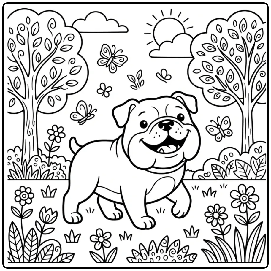 A joyful cartoon Easy Bulldog Coloring Page in a park with trees.