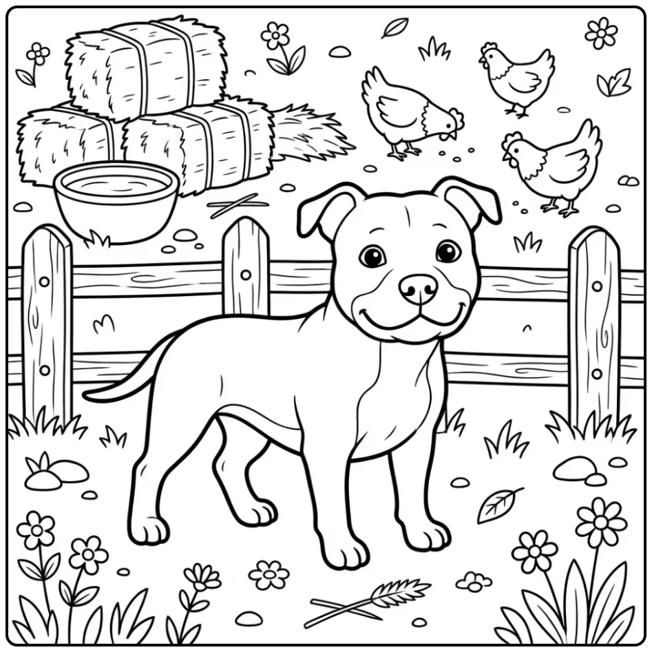 A friendly dog on a farm with chickens, a Realistic Pitbull Coloring Page.