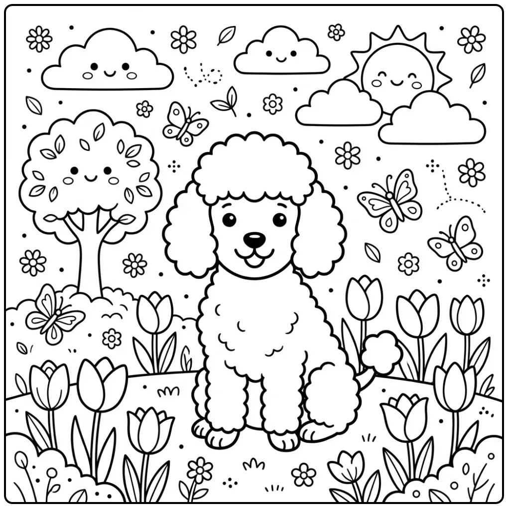 A cheerful dog sits in a sunny park for a Poodle Coloring Page.
