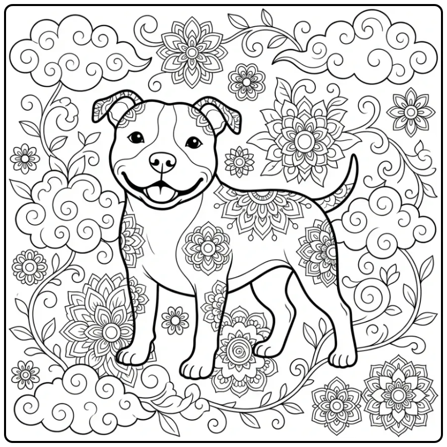A happy dog amidst floral patterns on a Mandala Pitbull Coloring Page.