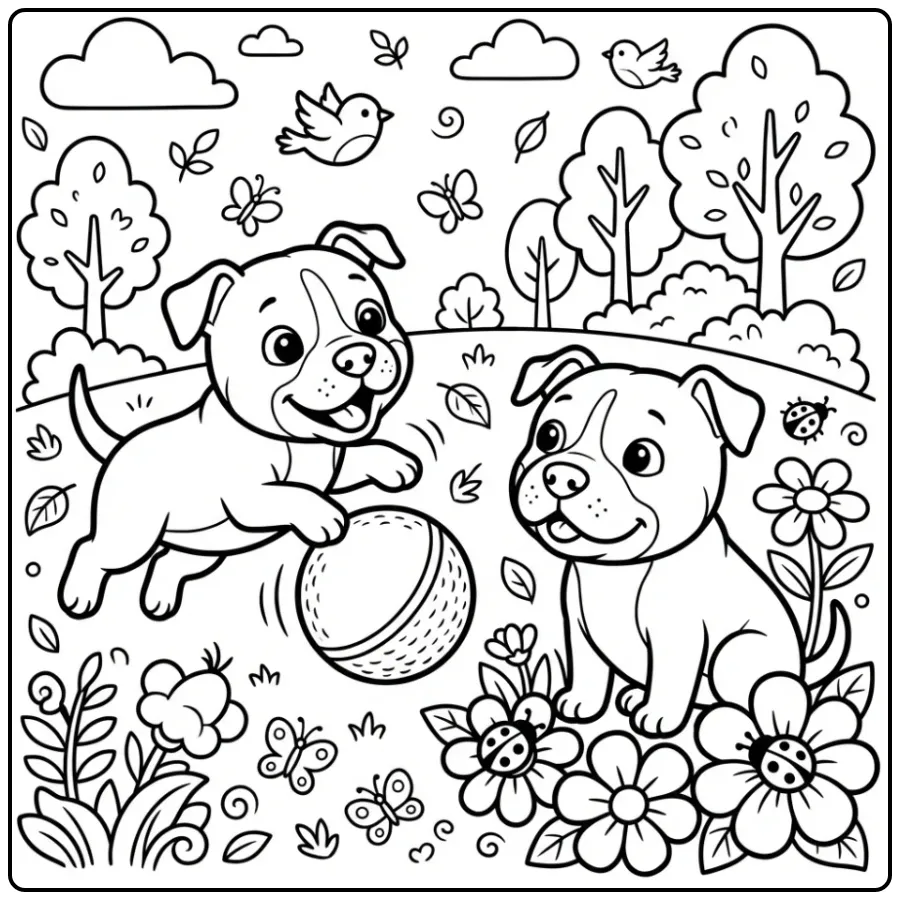 Two playful puppies in a park for a Cute Pitbull Coloring Page.