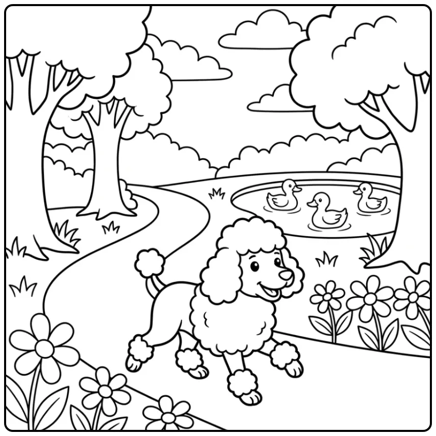 A cheerful Realistic Poodle Coloring Page with a park scene.